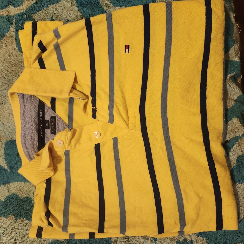 Tommy Hilfiger Yellow Polo with Blue and Gray Stripes